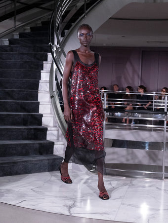 Proenza Schouler Runway Image of LEILANI DRESS IN GIRO INGLESE SEQUIN EMBROIDERY in Red/Grey