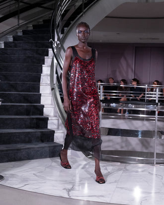 Proenza Schouler Runway Image of LEILANI DRESS IN GIRO INGLESE SEQUIN EMBROIDERY in Red/Grey