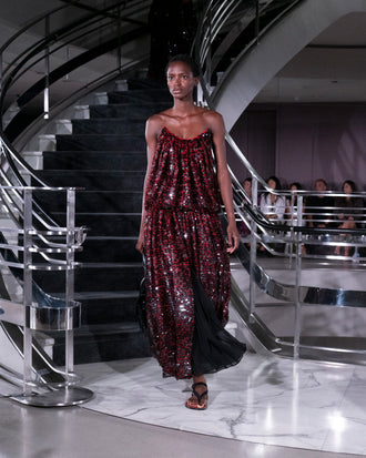 Proenza Schouler Runway Image of LUCIENNE DRESS IN GIRO INGLESE SEQUIN EMBROIDERY in Red/Grey
