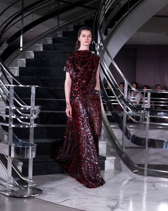 Proenza Schouler Runway Image of ROSELLA DRESS IN SEQUIN GIRO INGLESE in Red/Grey