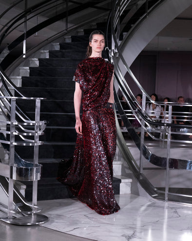 Proenza Schouler Runway Image of ROSELLA DRESS IN SEQUIN GIRO INGLESE in Red/Grey