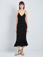 Proenza Schouler Full Length Fron Image of model wearing Giuditta Dress in Viscose Ribbed Godet in Black