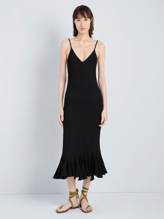 Proenza Schouler Full Length Fron Image of model wearing Giuditta Dress in Viscose Ribbed Godet in Black