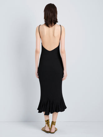 Proenza Schouler Full Length Back Image of model wearing Giuditta Dress in Viscose Ribbed Godet in Black