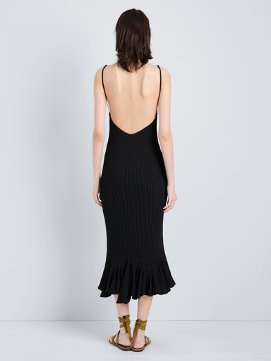 Proenza Schouler Full Length Back Image of model wearing Giuditta Dress in Viscose Ribbed Godet in Black