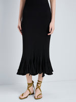 Proenza Schouler Detail Image of model wearing Giuditta Dress in Viscose Ribbed Godet in Black