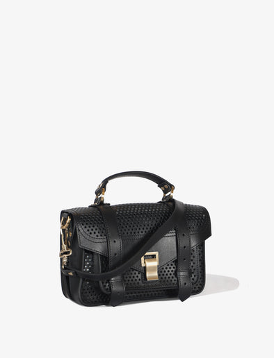 Side view of PS1 Tiny Bag in Perforated Leather in black