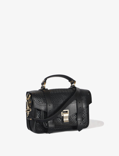 Side view of PS1 Tiny Bag in Perforated Leather in black