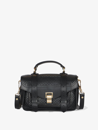 Front view of PS1 Tiny Bag in Perforated Leather in black