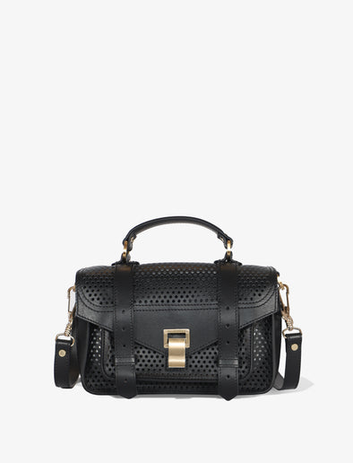 Front view of PS1 Tiny Bag in Perforated Leather in black