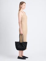 Image of model wearing Large Ruched Tote In Puffy Nylon in BLACK