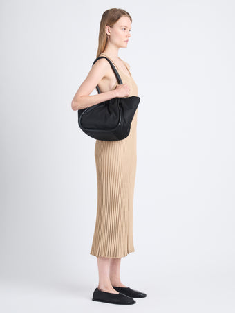 Image of model wearing Large Ruched Tote In Puffy Nylon in BLACK