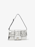 Front view of Flip Shoulder Bag in Metallic Lacquered Nylon in silver