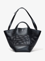 Front image of Large Chelsea Tote in Perforated Leather in black