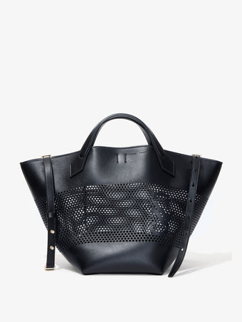 Front image of Large Chelsea Tote in Perforated Leather in black