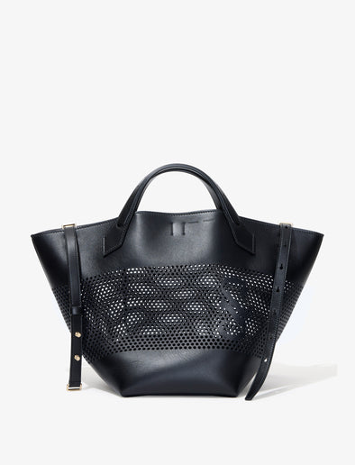 Front image of Large Chelsea Tote in Perforated Leather in black
