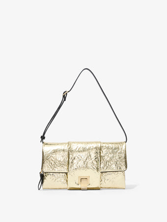 Front image of Flip Shoulder Bag in Metallic Lacquered Nylon with strap