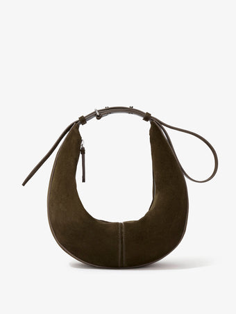 Front image of Slide Bag in Soft Suede in OLIVE strapped