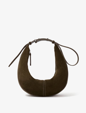 Front image of Slide Bag in Soft Suede in OLIVE strapped