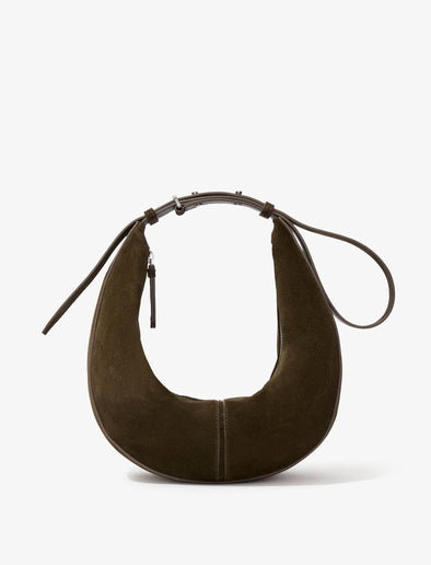 Front image of Slide Bag in Soft Suede in OLIVE strapped