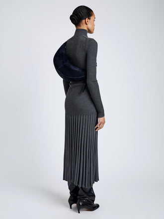 Proenza Schouler Image of model wearing Slide Bag in Soft Suede in Dark Navy