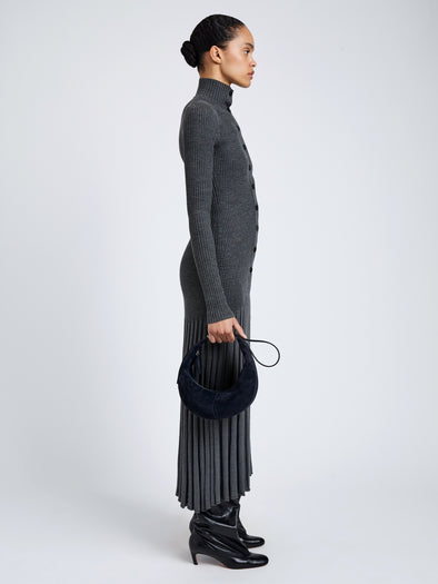 Proenza Schouler Image of model wearing Slide Bag in Soft Suede in Dark Navy