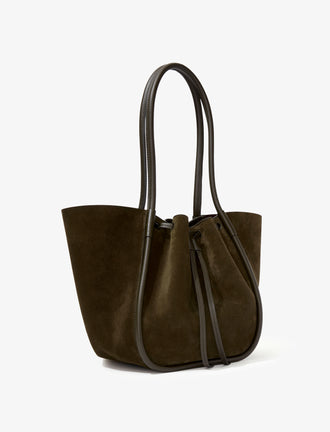 Side image of Large Ruched Tote in Soft Suede in OLIVE