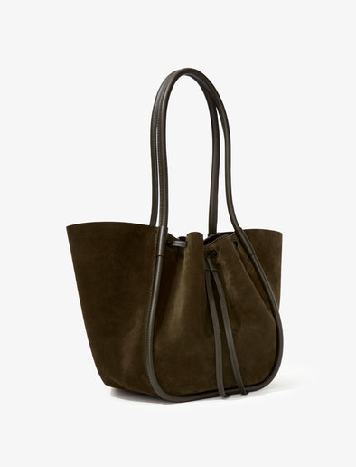 Side image of Large Ruched Tote in Soft Suede in OLIVE