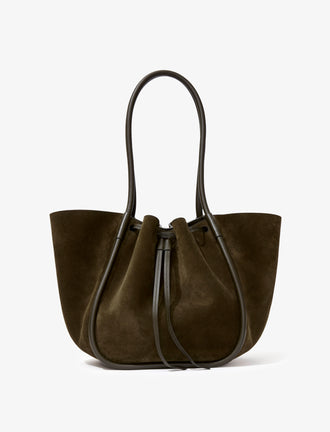 Back image of Large Ruched Tote in Soft Suede in OLIVE
