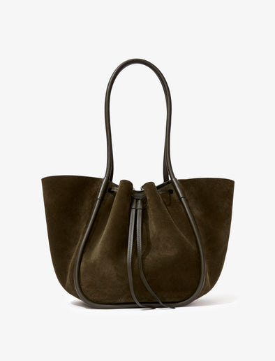 Back image of Large Ruched Tote in Soft Suede in OLIVE