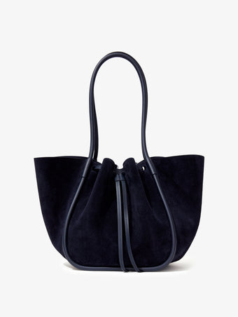 Front image of Large Ruched Tote in Soft Suede in DEEP NAVY