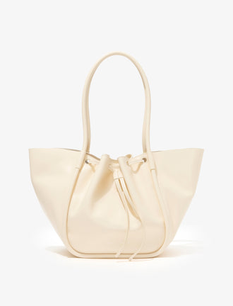 Front image of Large Ruched Tote in Soft Shiny Calf in BIRCH