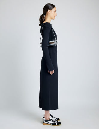 Image of model wearing Silo Bag in Soft Mirrored Fabric in SILVER