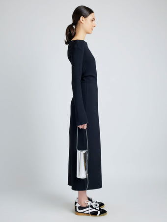 Image of model wearing Silo Bag in Soft Mirrored Fabric in SILVER