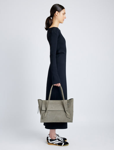 Image of model wearing Tate Bag in Nubuck Calf in SLATE