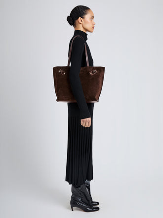 Proenza Schouler Image of model wearing Days Tote in Soft Suede in Chocolate