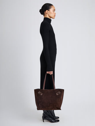 Proenza Schouler Image of model wearing Days Tote in Soft Suede in Chocolate