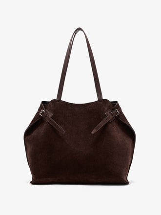 Proenza Schouler Front image of Days Tote in Soft Suede in Chocolate with sides cinched