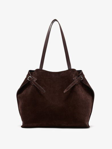Proenza Schouler Front image of Days Tote in Soft Suede in Chocolate with sides cinched