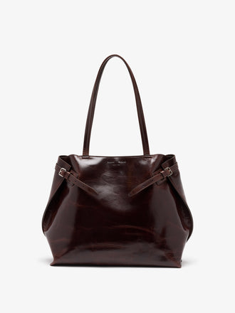 Proenza Schouler Front image of Days Tote in Pull Up Calf Skin in Dark Brown with sides cinched