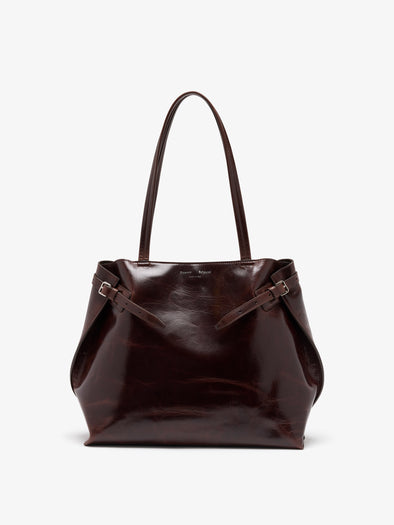 Proenza Schouler Front image of Days Tote in Pull Up Calf Skin in Dark Brown with sides cinched