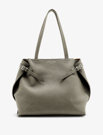 Front image of Days Tote in Pebbled Calf Skin in SLATE with sides buckled