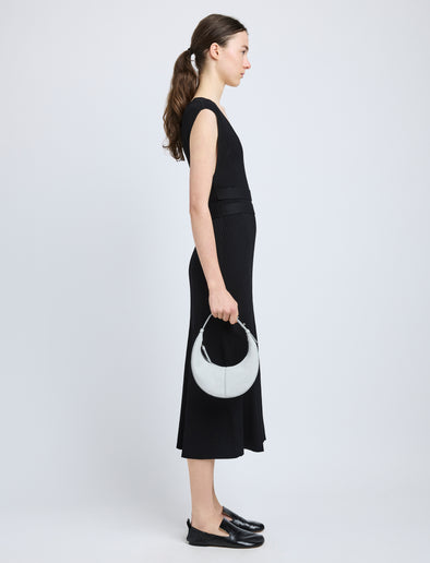 Image of model wearing Mini Slide Bag in Soft Suede in Smoke