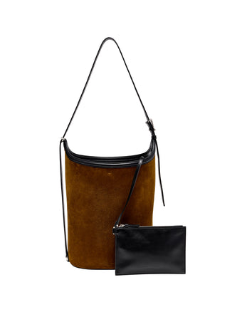 Front image of Brant Bucket Bag in Soft Suede in Fern with interior pouch