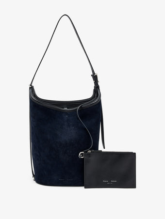 Proenza Schouler Front image of Brant Bucket Bag in Soft Suede in Dark Navy with interior pouch removed