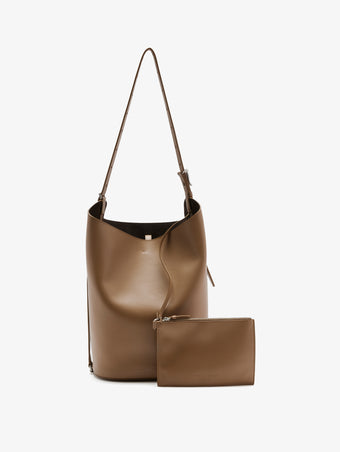 Front image of Brant Bucket Bag in Smooth Calf in Cumin with pouch removed