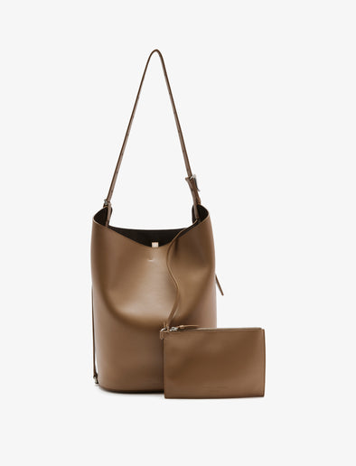 Front image of Brant Bucket Bag in Smooth Calf in Cumin with pouch removed
