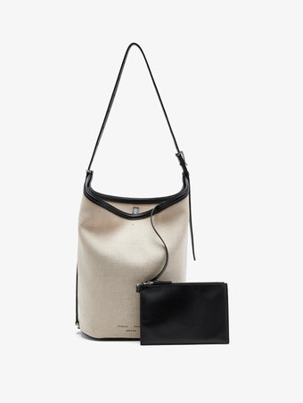 Proenza Schouler front image of Brant Bucket Bag in Natural Linen in natural/black with pouch removed