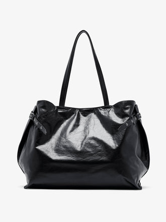 Proenza Schouler Front image of Days Carryall in Paper Calf in Black with sides cinched