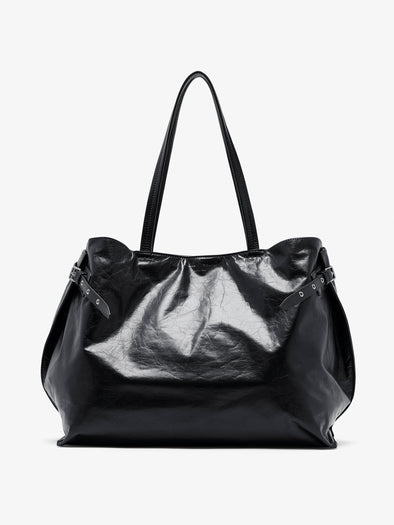 Proenza Schouler Front image of Days Carryall in Paper Calf in Black with sides cinched